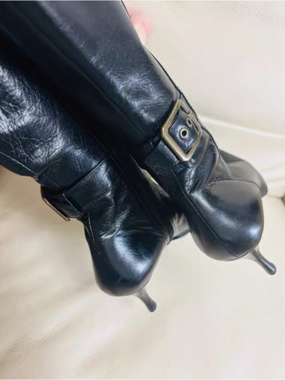 Black Leather Mid-Calf Heeled Boots with Buckle Detail
